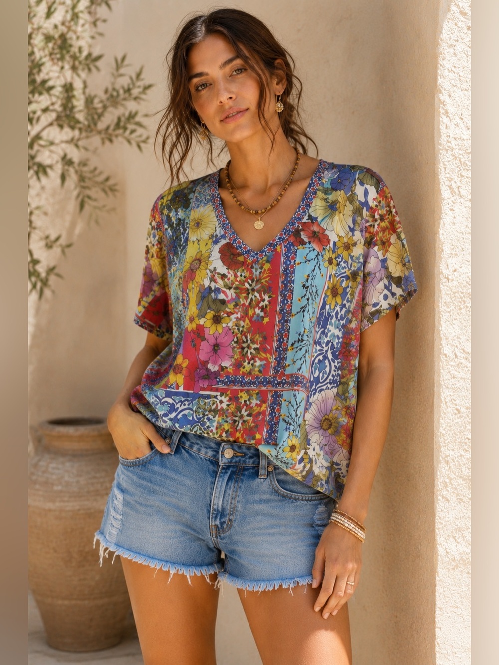 Johnny Was Janie Patchwork Floral V-Neck Tee Top Boho Mixed Print Size Small